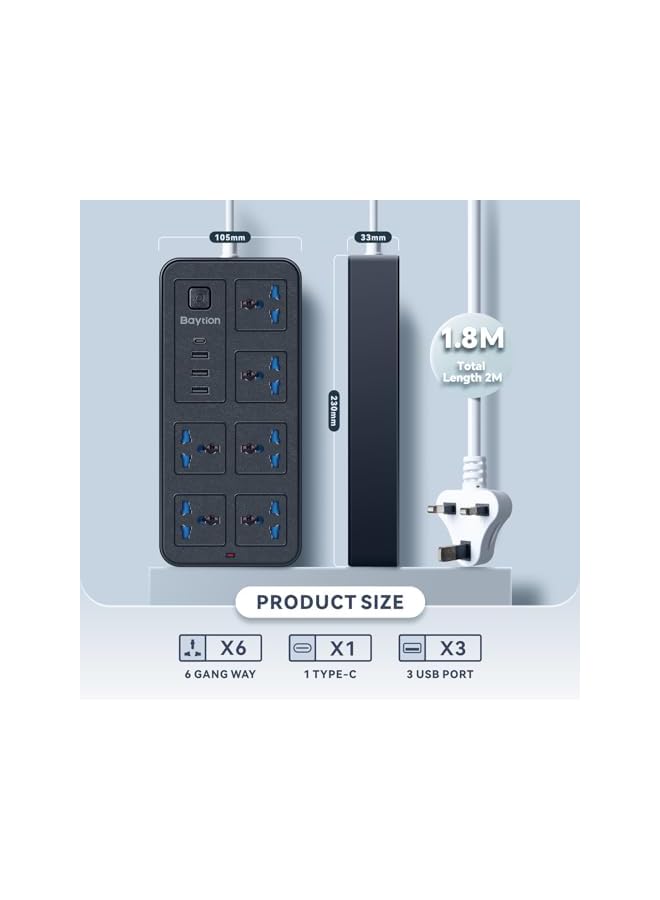 Baytion Universal Extension Lead with Multiple Function,UK Plug 3 Pin Socket Outlet with 6 Gang | 3 USB Port | 1 Type-C Port,1.8M Electric Socket Mains Strip for Home,Kitchen,and Office (Black) - Image 2