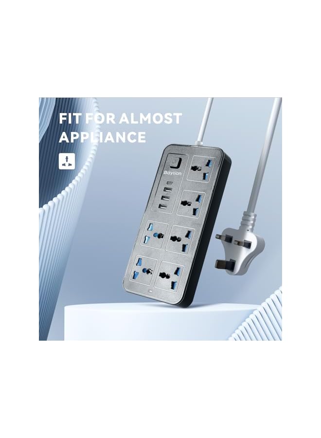 Baytion Universal Extension Lead with Multiple Function,UK Plug 3 Pin Socket Outlet with 6 Gang | 3 USB Port | 1 Type-C Port,1.8M Electric Socket Mains Strip for Home,Kitchen,and Office (Black) - Image 4