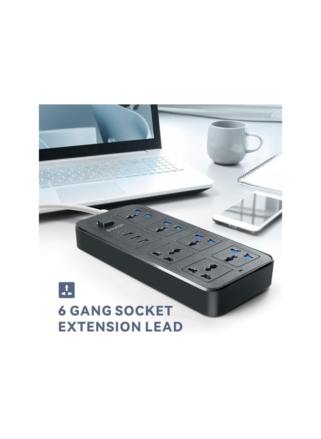 Baytion Universal Extension Lead with Multiple Function,UK Plug 3 Pin Socket Outlet with 6 Gang | 3 USB Port | 1 Type-C Port,1.8M Electric Socket Mains Strip for Home,Kitchen,and Office (Black) - Image 3