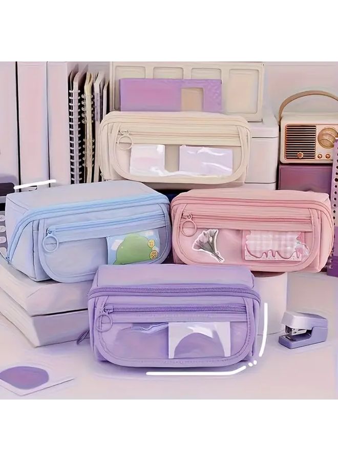 Large Capacity Pastel Purple Pencil Case Multi Compartment Organizer Durable Oxford Fabric - Image 4