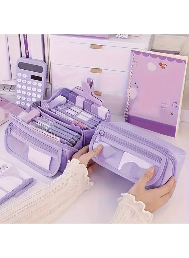 Large Capacity Pastel Purple Pencil Case Multi Compartment Organizer Durable Oxford Fabric - Image 5