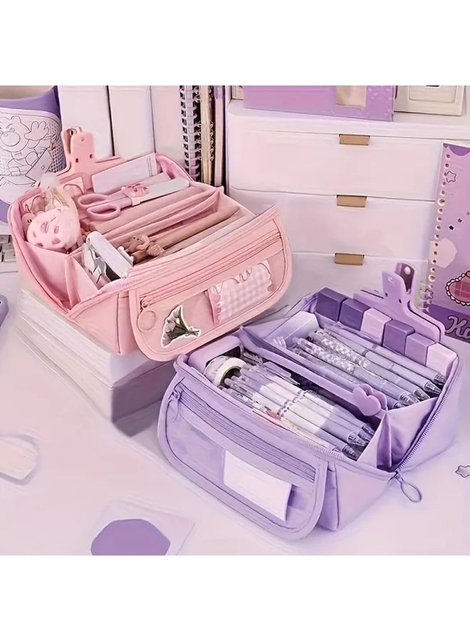 Large Capacity Pastel Purple Pencil Case Multi Compartment Organizer Durable Oxford Fabric - Image 2