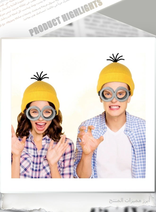 Minions Halloween Costume Accessories Set for Adults, 4 Pieces, Yellow Beanie Hat with Black Gloves, Blue Suspenders and Goggles for Dress Up - Image 4
