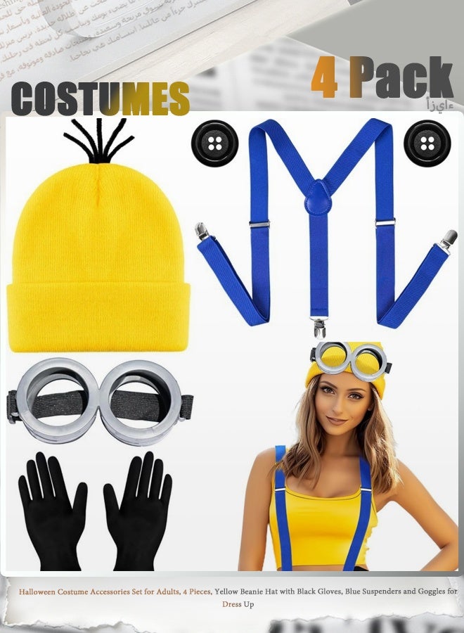 Minions Halloween Costume Accessories Set for Adults, 4 Pieces, Yellow Beanie Hat with Black Gloves, Blue Suspenders and Goggles for Dress Up - Image 1