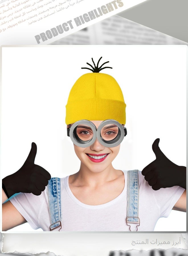 Minions Halloween Costume Accessories Set for Adults, 4 Pieces, Yellow Beanie Hat with Black Gloves, Blue Suspenders and Goggles for Dress Up - Image 5