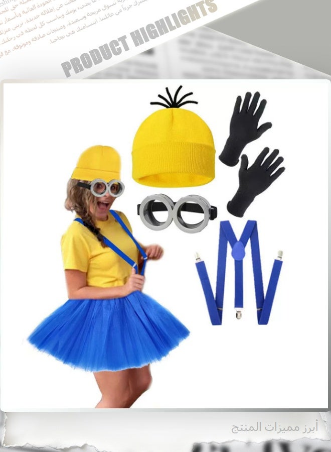 Minions Halloween Costume Accessories Set for Adults, 4 Pieces, Yellow Beanie Hat with Black Gloves, Blue Suspenders and Goggles for Dress Up - Image 3