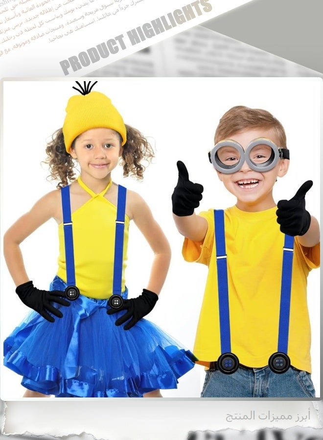 Minions Halloween Costume Accessories Set for Adults, 4 Pieces, Yellow Beanie Hat with Black Gloves, Blue Suspenders and Goggles for Dress Up - Image 2