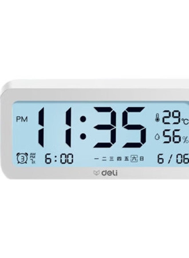 Deli Multifunctional Electronic Alarm Clock For Students And Children, Wake-Up Aid, Digital Clock With Temperature And Humidity Meter, White - Image 3
