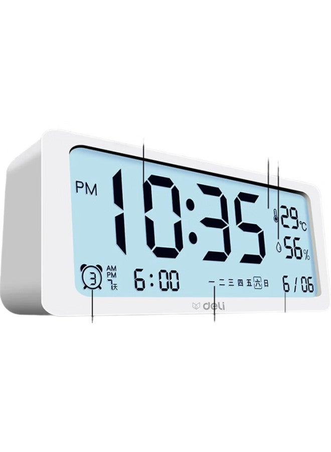 Deli Multifunctional Electronic Alarm Clock For Students And Children, Wake-Up Aid, Digital Clock With Temperature And Humidity Meter, White - Image 2