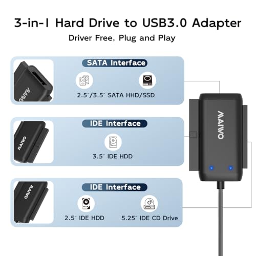 MAIWO SATA IDE to USB 30 Adapter Cable Hard Drive Reader Converter for 2535 Inch IDE HDD 2535 Inch SATA HDDSSD 525 Inch DVDCD Drive 12V 2A Power Adapter - Image 3