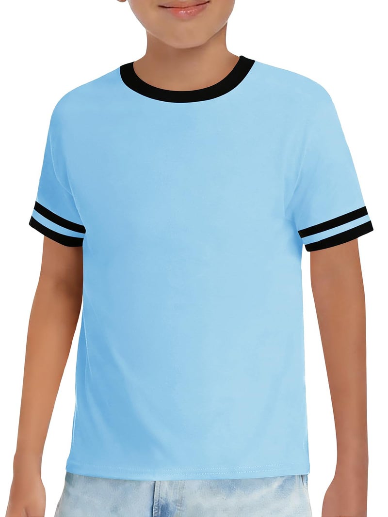 Haloumoning Boys Short Sleeve T Shirts Kids Summer Crewneck Color Block Tops Fashion Tees 5-14 Years Blue - Image 1