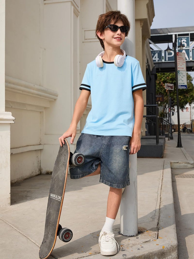 Haloumoning Boys Short Sleeve T Shirts Kids Summer Crewneck Color Block Tops Fashion Tees 5-14 Years Blue - Image 3