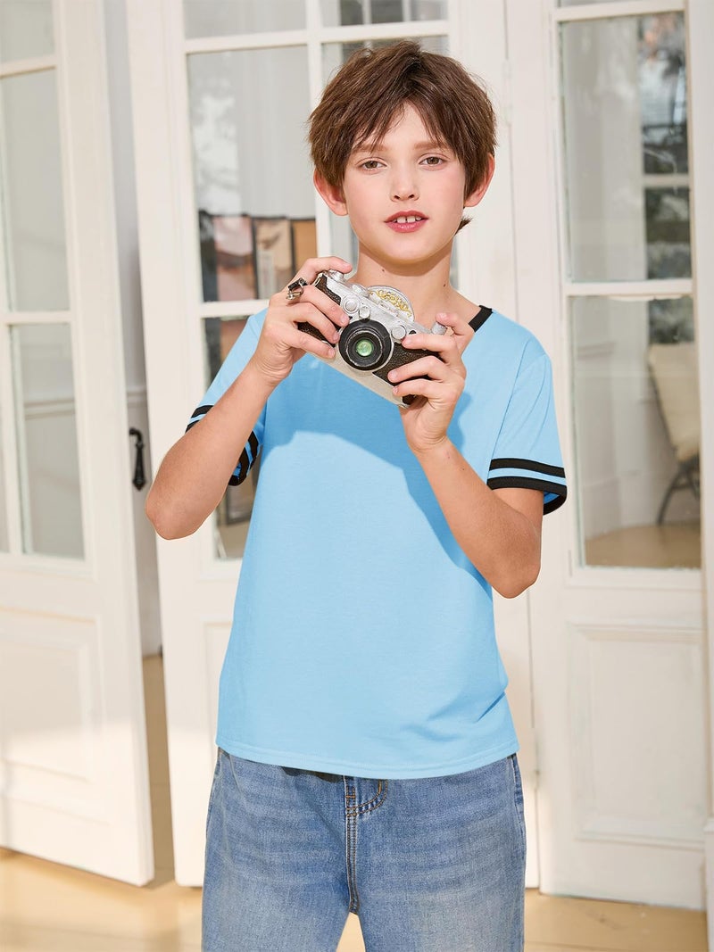 Haloumoning Boys Short Sleeve T Shirts Kids Summer Crewneck Color Block Tops Fashion Tees 5-14 Years Blue - Image 5