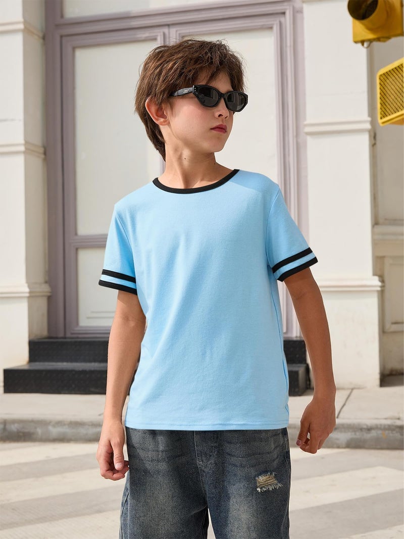 Haloumoning Boys Short Sleeve T Shirts Kids Summer Crewneck Color Block Tops Fashion Tees 5-14 Years Blue - Image 2