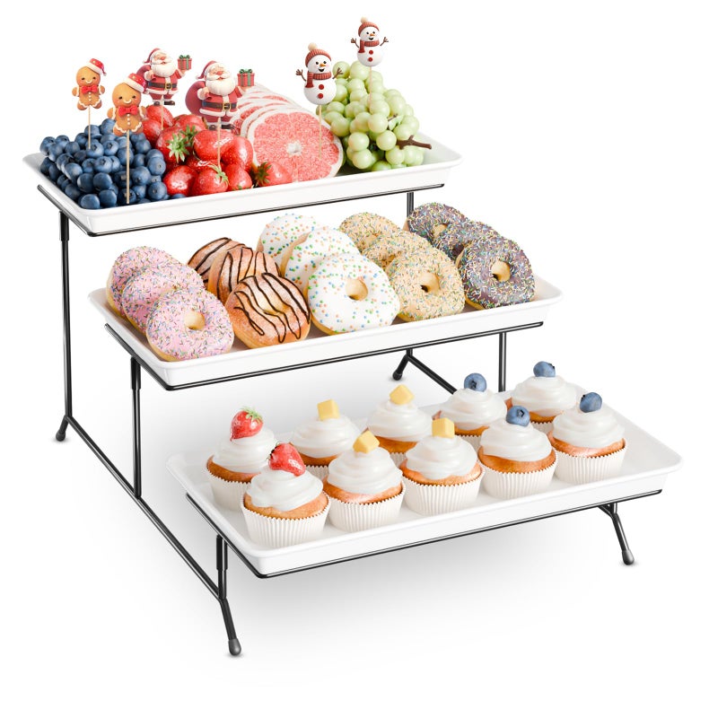Bumusty 3-Tier Melamine Serving Tray Set, 14"x7" Platters with 3 Collapsible Metal Stand Display for Cupcakes, Serving Food, Dessert, Fruit, for Party Buffet Entertaining, Black - Image 1
