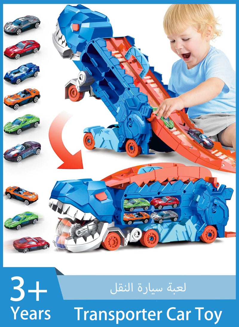 جورفنت ألعاب شاحنات الديناصورات، سيارة ناقلة الديناصورات T-Rex مع انزلاق قابل للطي، لعبة مسار نقل الديناصورات في المدينة تتحول إلى دينو، هدايا للأطفال من 3 إلى 7 سنوات، أفضل هدية فخورة، أفضل هدايا رمضان للأطفال (8 سيارات) - Image 1