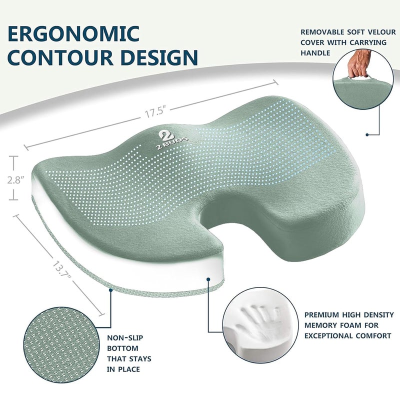 2Buds Premium Memory Foam Cushion for Office Chair, Car Seat, Airplane, Bleacher - Sciatica & Hip & Coccyx Pain Relief Desk Chair Cushion for Long Sitting Office Workers, Car Drivers [Green] - Image 2