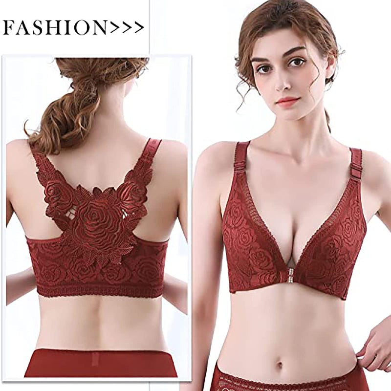 KIDELI Floral Secrets Comfort Rose Bra, Front Closure Lace Comfy No Wire Bras Push Up Wire-Free & Seamless Bra (as1, Cup_Band, c, 38, Black) - Image 3