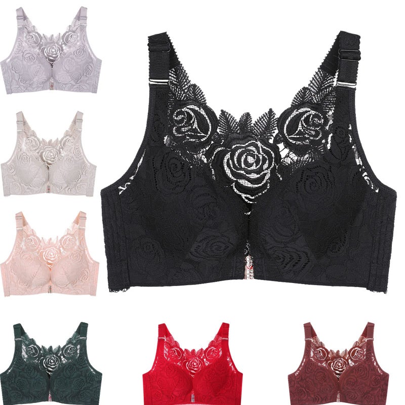 KIDELI Floral Secrets Comfort Rose Bra, Front Closure Lace Comfy No Wire Bras Push Up Wire-Free & Seamless Bra (as1, Cup_Band, c, 38, Black) - Image 1