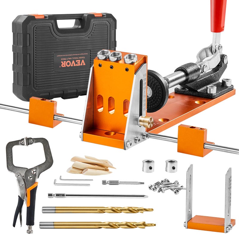 VEVOR Pocket Hole Jig Kit, 34 Pcs Pocket Hole Jig System with 11" C-clamp, Fixture, Step Drills, Wrenches, Drill Stop Rings, Square Drive Bits, Toolbox, Adjustable, for DIY Carpentry Projects - Image 1