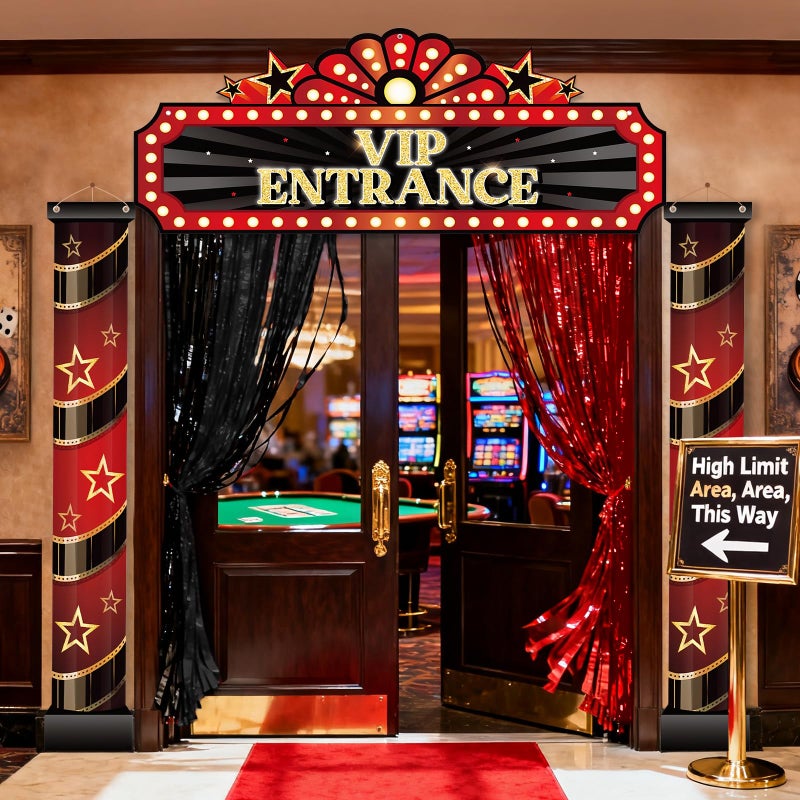 KaTiSeMo Deluxe 5pack Casino Night Party Decorations Set | Grand VIP Entrance Sign & Door Cover Kit with 2 Red Carpet Tinsel Curtains | Las Vegas Hollywood Theme Party Decorations for Birthday, Movie Night - Image 4