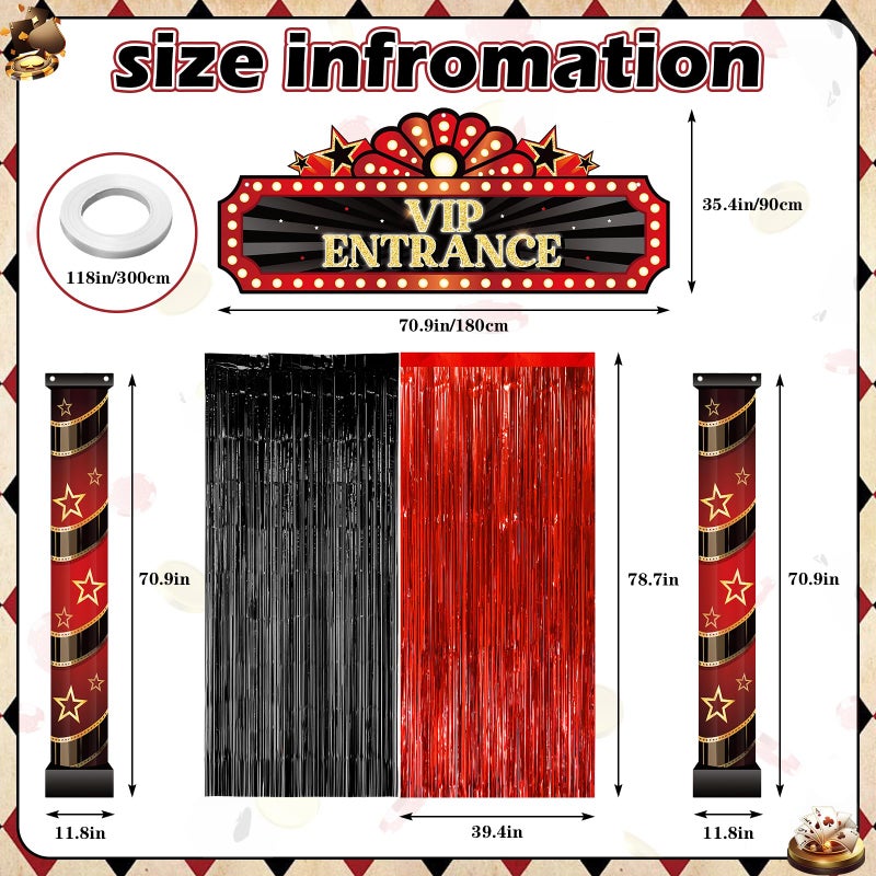 KaTiSeMo Deluxe 5pack Casino Night Party Decorations Set | Grand VIP Entrance Sign & Door Cover Kit with 2 Red Carpet Tinsel Curtains | Las Vegas Hollywood Theme Party Decorations for Birthday, Movie Night - Image 2