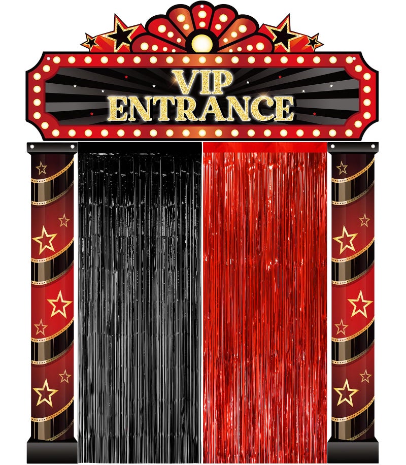 KaTiSeMo Deluxe 5pack Casino Night Party Decorations Set | Grand VIP Entrance Sign & Door Cover Kit with 2 Red Carpet Tinsel Curtains | Las Vegas Hollywood Theme Party Decorations for Birthday, Movie Night - Image 1