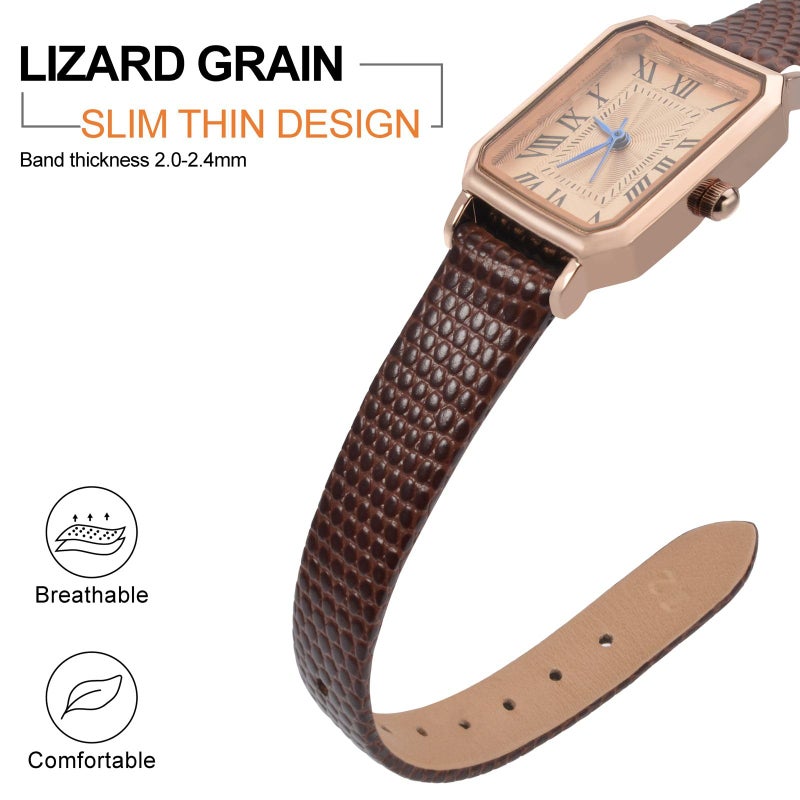 ANNEFIT Women's Leather Watch Band 13mm with Gold Buckle, Lizard Grain Slim Thin Replacement Strap (Brown) - Image 3
