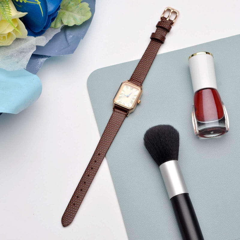 ANNEFIT Women's Leather Watch Band 13mm with Gold Buckle, Lizard Grain Slim Thin Replacement Strap (Brown) - Image 2