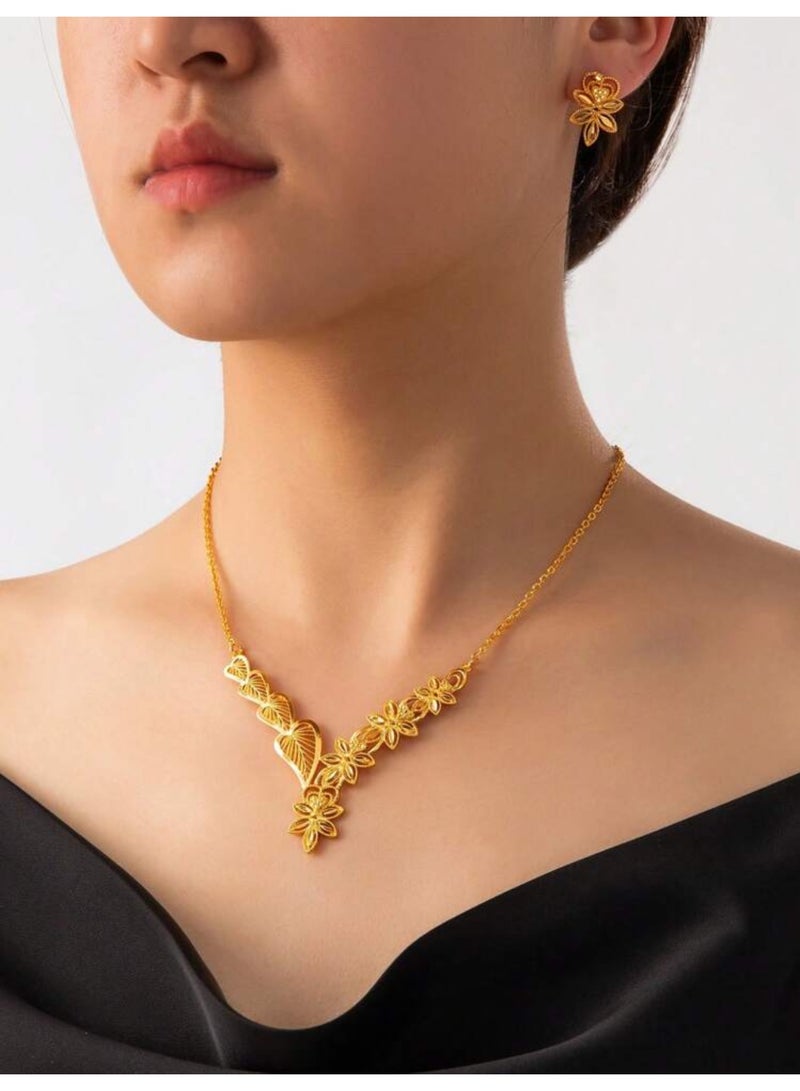 نيو ستايل طقم نسائي بتصميم عصري مكون من سلسال وحلق اذن مطلي باللون الذهبي - Image 1