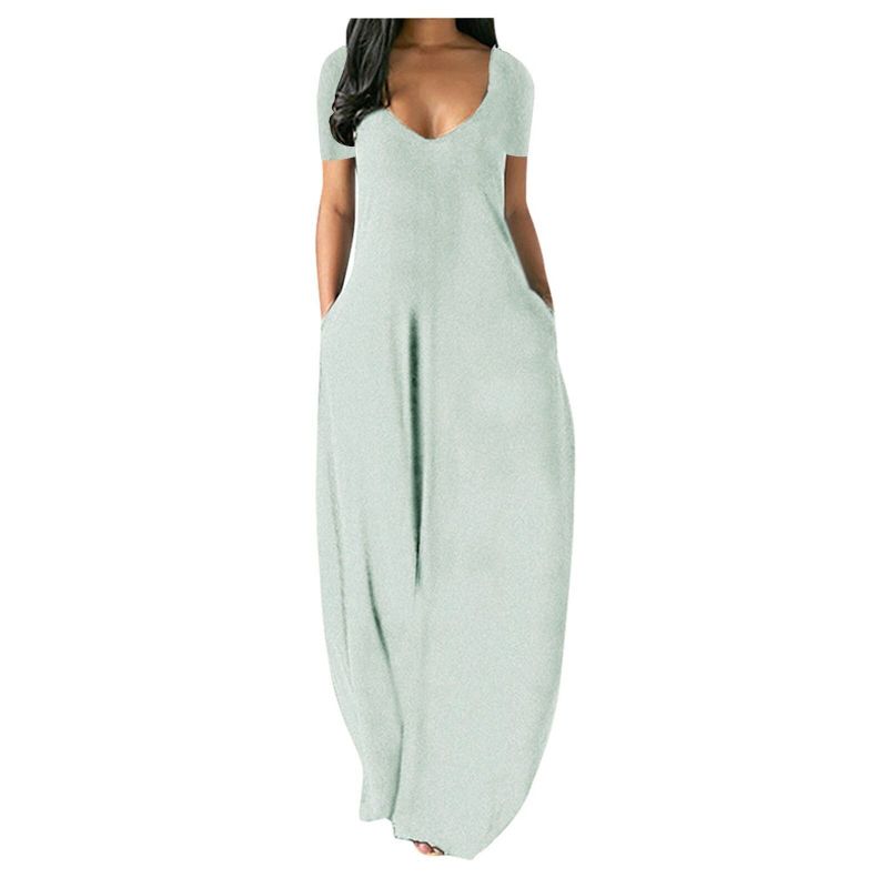 2021 European and American summer new hot plus size women's clothing solid color sexy deep V short-sleeved long skirt with pockets black XXXL - Image 4