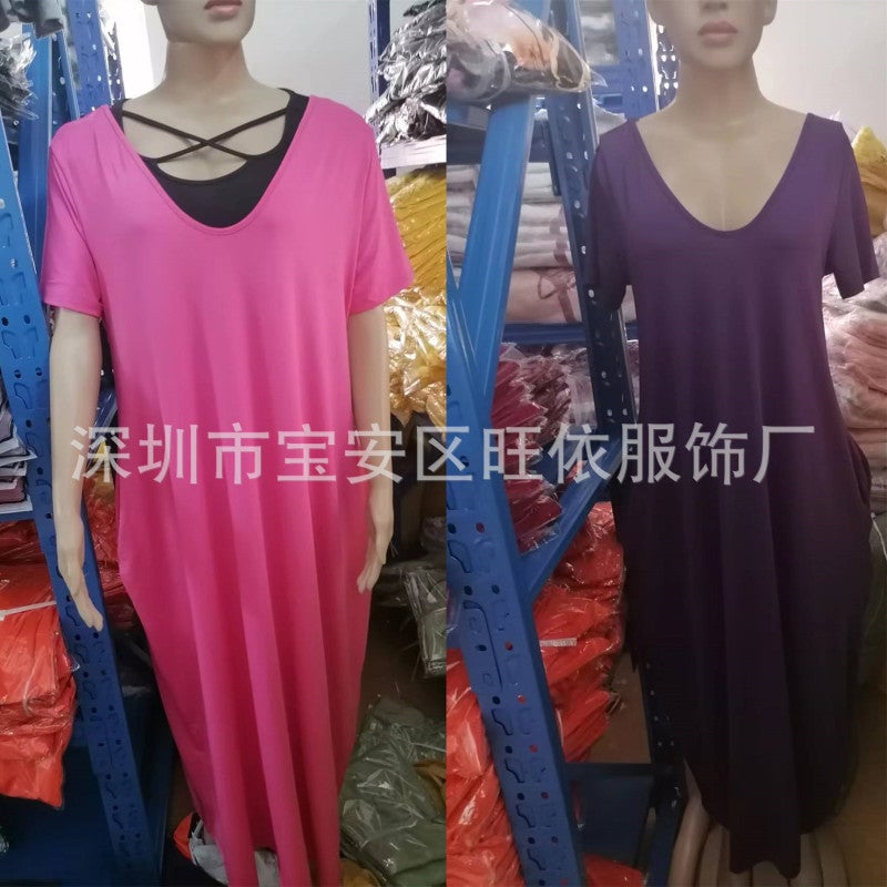 2021 European and American summer new hot plus size women's clothing solid color sexy deep V short-sleeved long skirt with pockets black XXXL - Image 5
