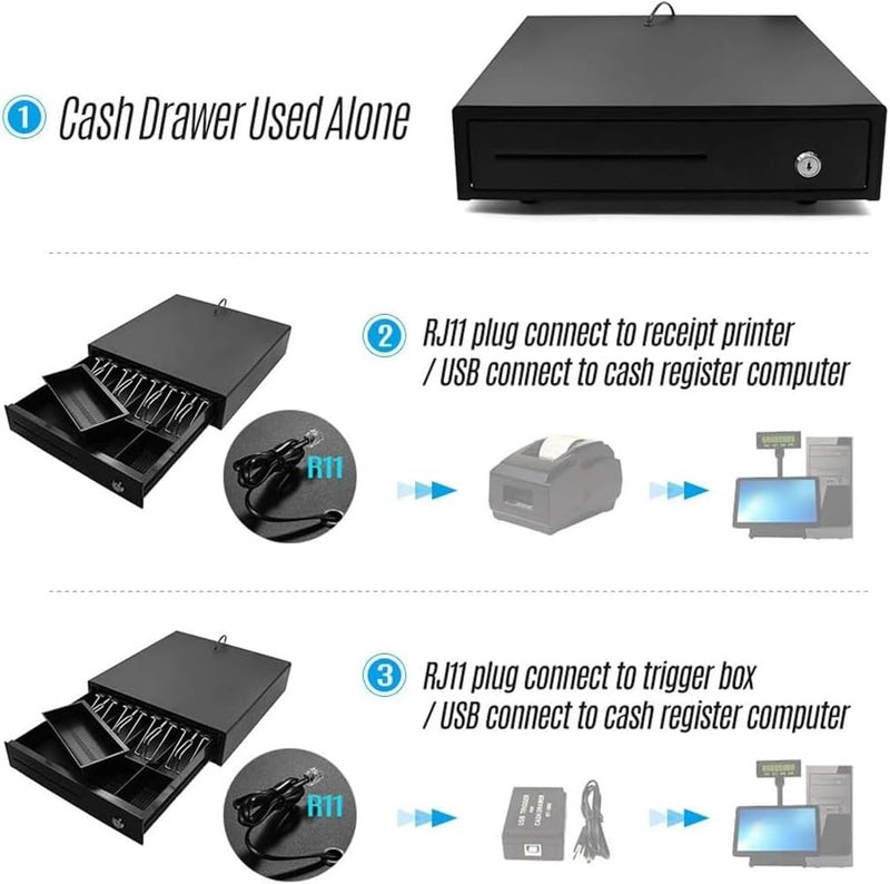 HALAMODO Heavy Duty Cash Drawer Four-Grid Three-Gear POS Cash Register Drawers Cashbox with Money Tray and Lock RJ11 Interface Smart POS System - Image 3