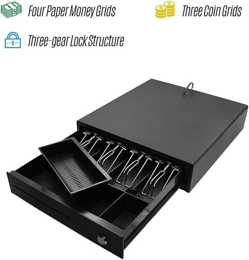 HALAMODO Heavy Duty Cash Drawer Four-Grid Three-Gear POS Cash Register Drawers Cashbox with Money Tray and Lock RJ11 Interface Smart POS System - Image 4