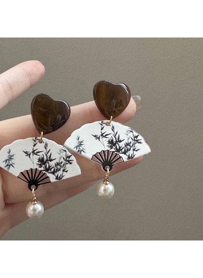 NIBEMINENT New Chinese Bamboo Fan Tassel Ear Hook Style Retro Temperament Earrings Niche National Fashion 