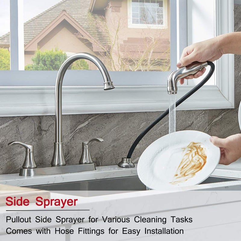 VALISY 3 Hole or 4 Hole Two Handle Kitchen Faucet with Side Sprayer, Commercial Lead-Free Brushed Nickel Kitchen Sink Faucets for Rv Sinks with High-Arc Spout & Side Sprayer, VADR0004L - Image 3