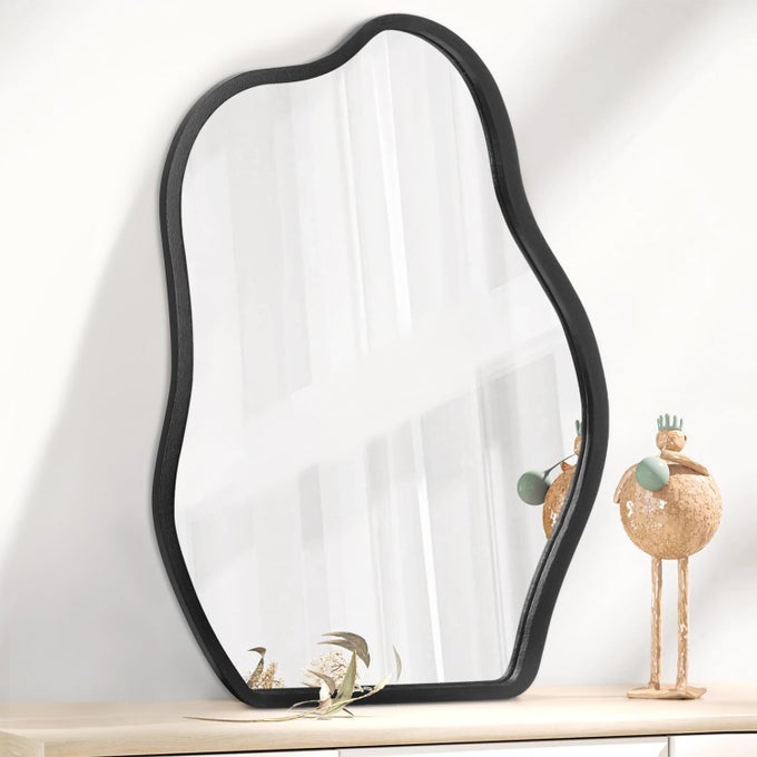 WALL MIRROR IRREGULAR WAVY MIRROR MODERN WOOD FRAME MIRROR UNIQUE SHAPE ASYMMETRICAL WALL VANITY ARTISTIC MIRROR DECOR FOR LIVING ROOM BEDROOM BATHROOM ENTRYWAY HALLWAY BLACK LARGE