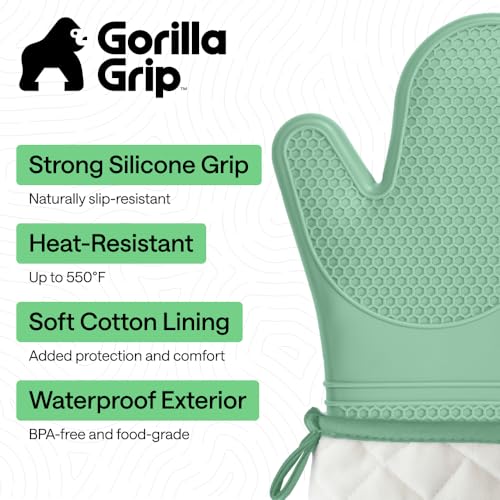 GORILLA GRIP BPAFree Soft Silicone Oven Mitts 145x83 Heat Resistant and Waterproof Cooking Gloves Thick Cotton Lining Flexible Gripping for Baking Grilling Kitchen Potholders Set of 2 Mint - Image 3