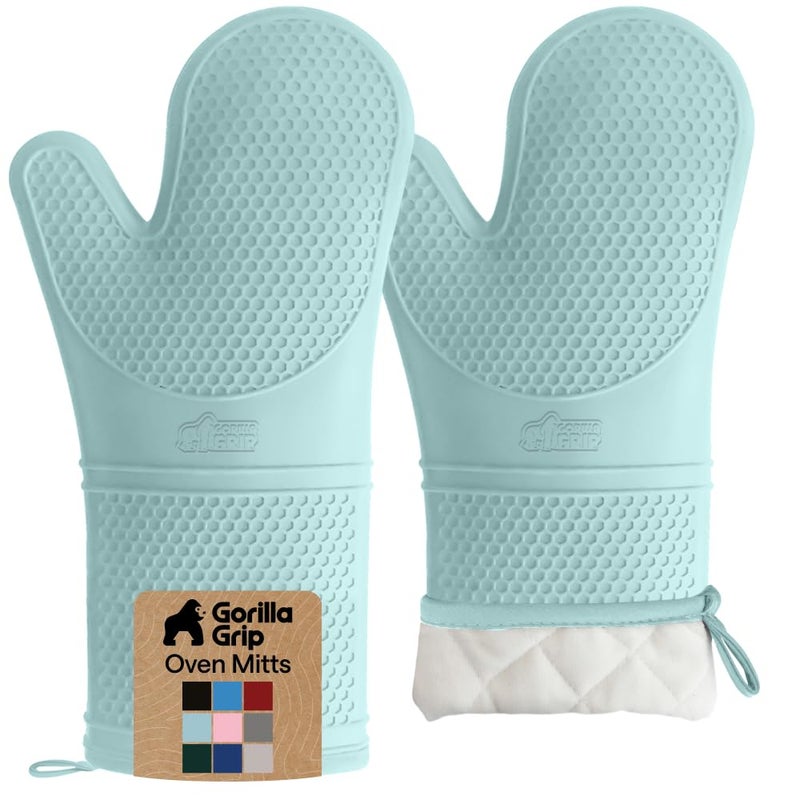 GORILLA GRIP BPAFree Soft Silicone Oven Mitts 145x83 Heat Resistant and Waterproof Cooking Gloves Thick Cotton Lining Flexible Gripping for Baking Grilling Kitchen Potholders Set of 2 Mint - Image 2