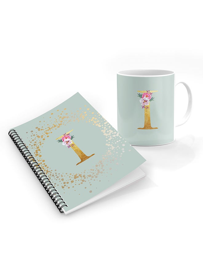 Stylizedd Printed Coffee Mug + A5 Spiral Notebook Memo Personalised Combo Gift Set -Custom Monogram Initial Letter Floral Pattern Alphabet - I  ( Light Green )