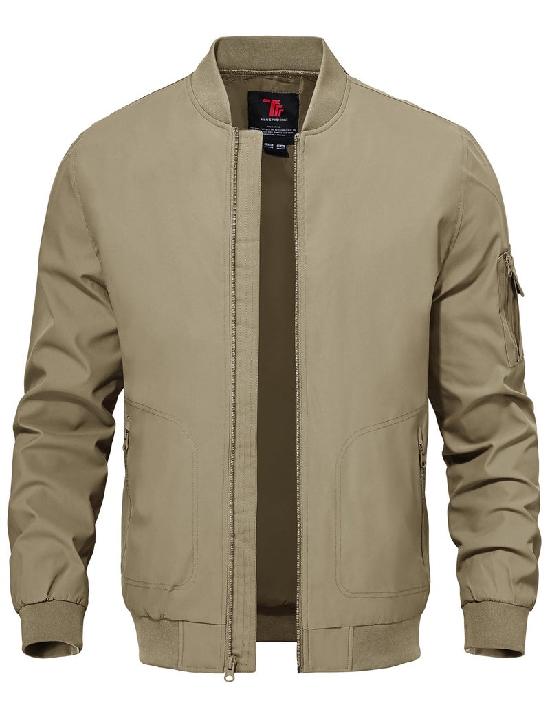 TBMPOY Mens Light Jackets Lightweight Bomber Windbreaker Jackets Casual Stylish Fall Golf Zip Up Dress Business Varsity Khaki M