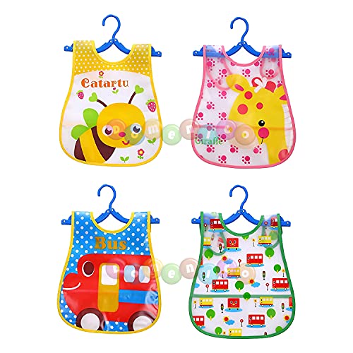 DOMENICO Washable Colorful Waterproof Baby Apron cum Bib Unisex Cute Cartoon Baby Bib Drool Baby Bib Baby Feeding Bibs for Infant Toddler 9 Months to 6 Years Old- Random Print Pack of 4 - Image 1