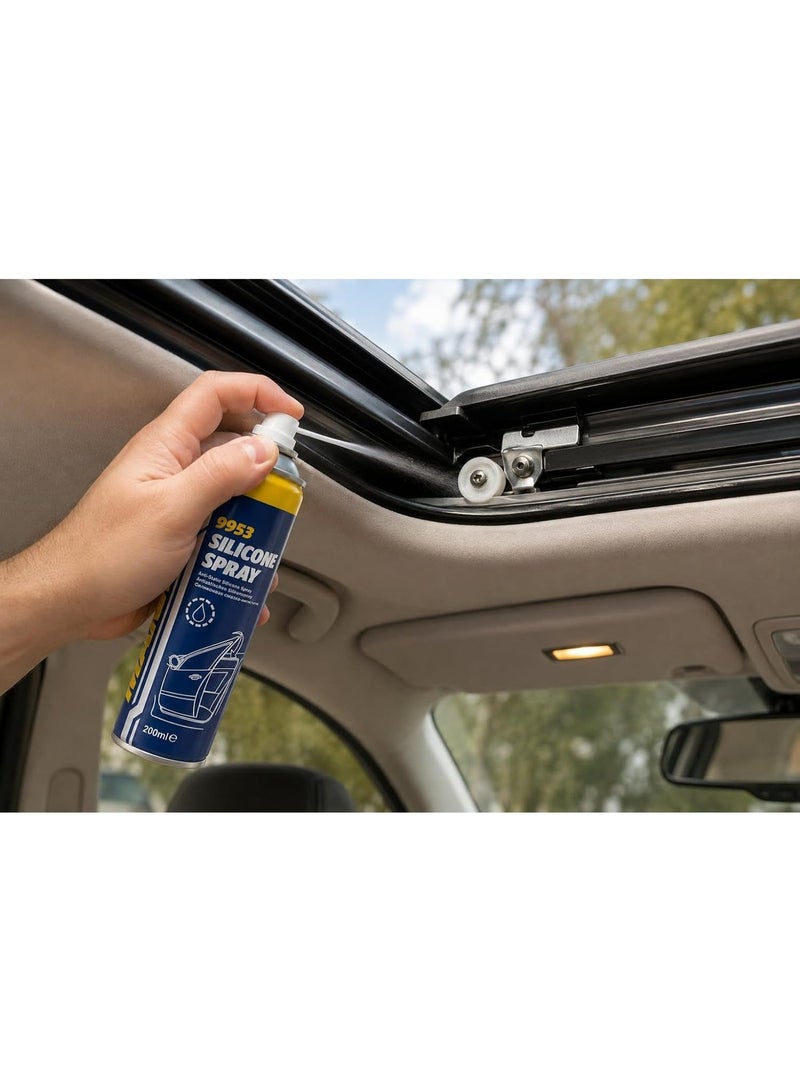 MANNOL 9953 Silicone Spray 200ml, Multi-Purpose Lubricant & Protective Spray for Rubber, Plastic, Metal & Vinyl, Anti-Squeak Silicone Lubricant for Car, Home, Garage, Doors, Hinges & Seals - Image 2
