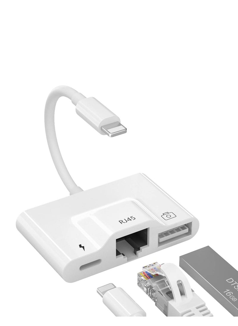 KASTWAVE - RJ45 Ethernet Adapter, OTG Charging Port RJ45 3-In-1 USB Wired Adapter for iPhone, Ipad Camera High-Speed Reader Cable Converter Hub - Image 1