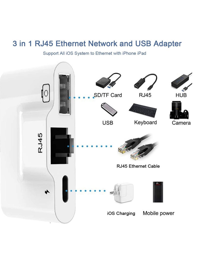 KASTWAVE - RJ45 Ethernet Adapter, OTG Charging Port RJ45 3-In-1 USB Wired Adapter for iPhone, Ipad Camera High-Speed Reader Cable Converter Hub - Image 1
