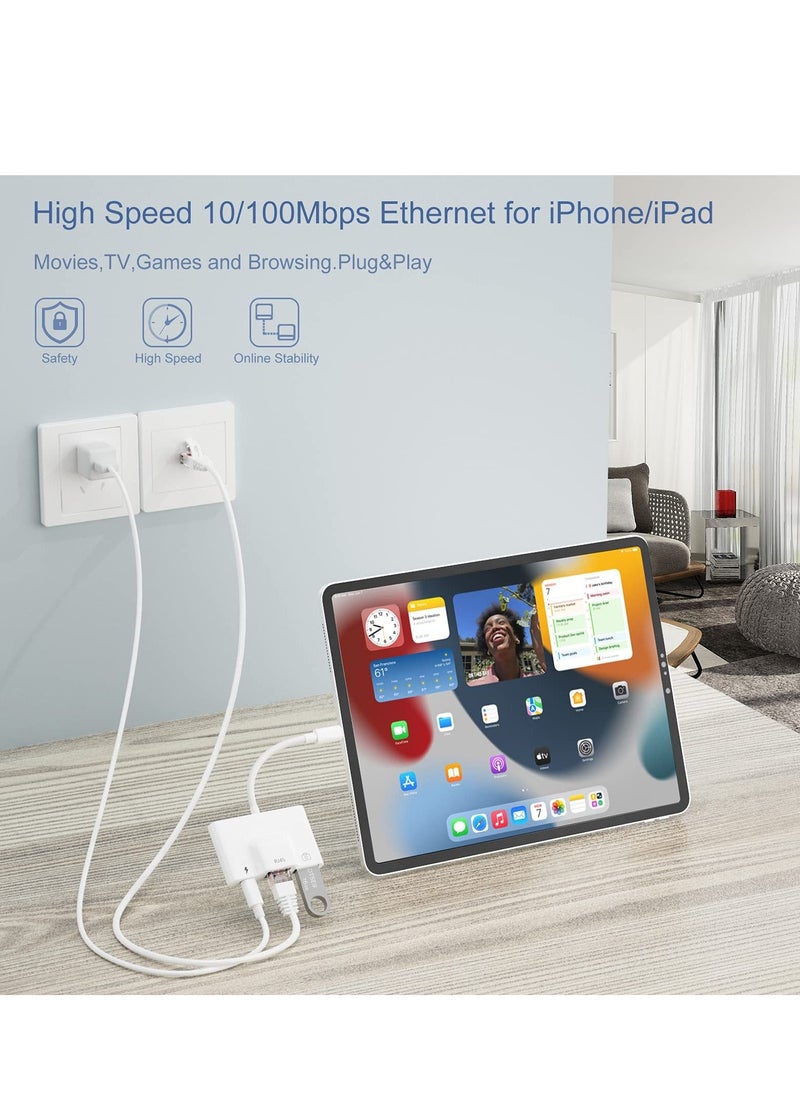KASTWAVE - RJ45 Ethernet Adapter, OTG Charging Port RJ45 3-In-1 USB Wired Adapter for iPhone, Ipad Camera High-Speed Reader Cable Converter Hub - Image 1