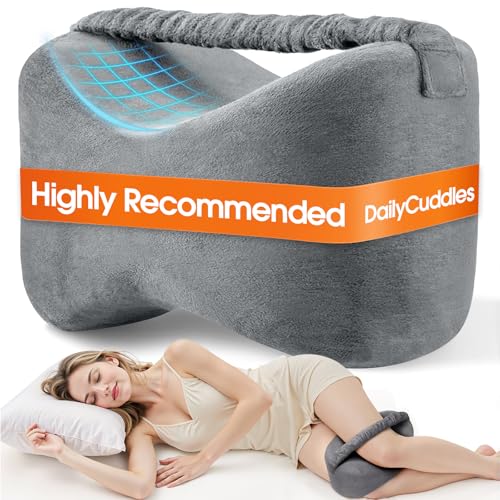 DailyCuddles Knee Pillow for Side Sleepers with Strap Supportive Memory Foam Leg Pillow for Side Sleeping Spine Support Ergonomic Curved Design for Hips and Back Light Grey - Image 1