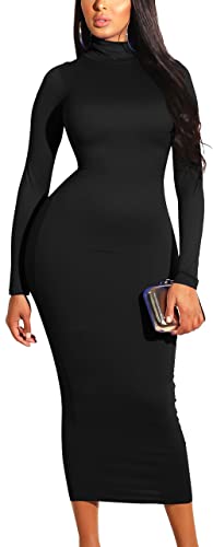 GOBLES Womens Sexy Turtleneck Long Sleeve Elegant Bodycon Party Long Dress Black