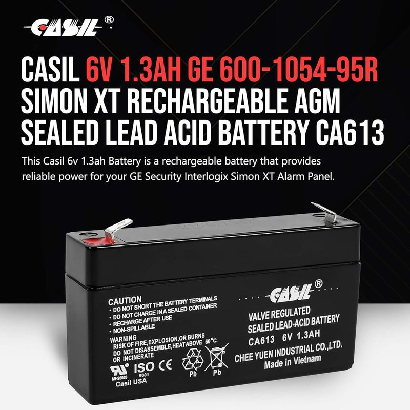 Casil 6V 1.3Ah SLA/AGM Replacement Battery – Maintenance-Free, Compatible with GE Interlogix 60-914, GE Simon 3, and GE Simon XT Panels - Image 2