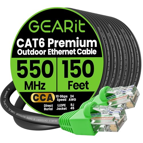 GEARit Cat 6 Ethernet Cable 150 ft, Direct Burial Outdoor Cat6 Ethernet Cable 24AWG High Speed Up to 10 Gbps/550 MHz, LLDPE (PE) UV-Resistant Waterproof Jacket, CCA, RJ45 Internet Cable for Router - Image 1